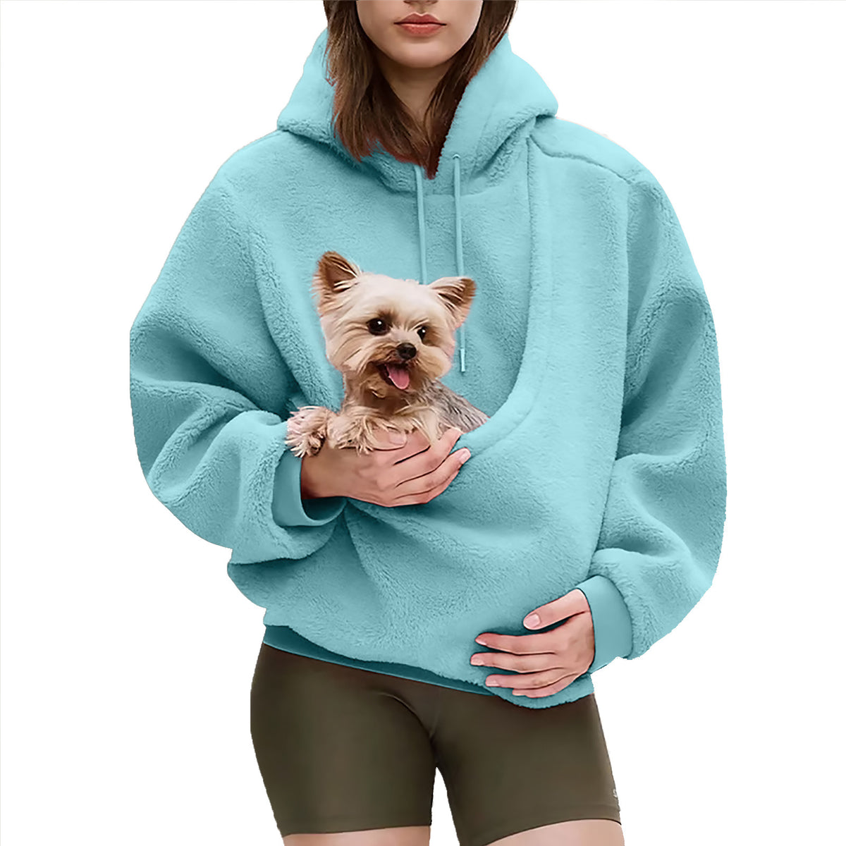 The Heartpouch Hoodie in Sky Blue with a small dog in the front pouch