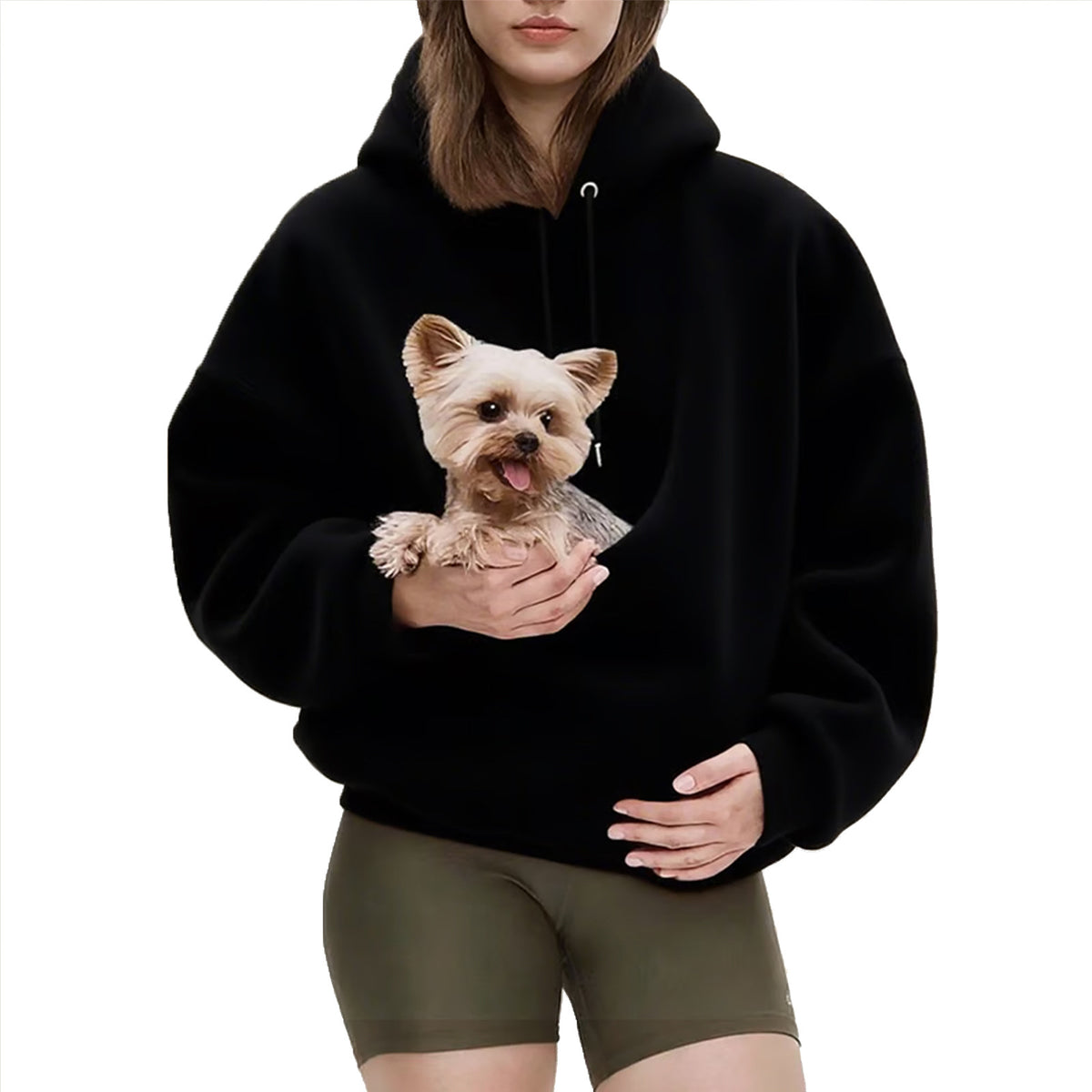 The Heartpouch Hoodie in Black with a small dog in the front pouch