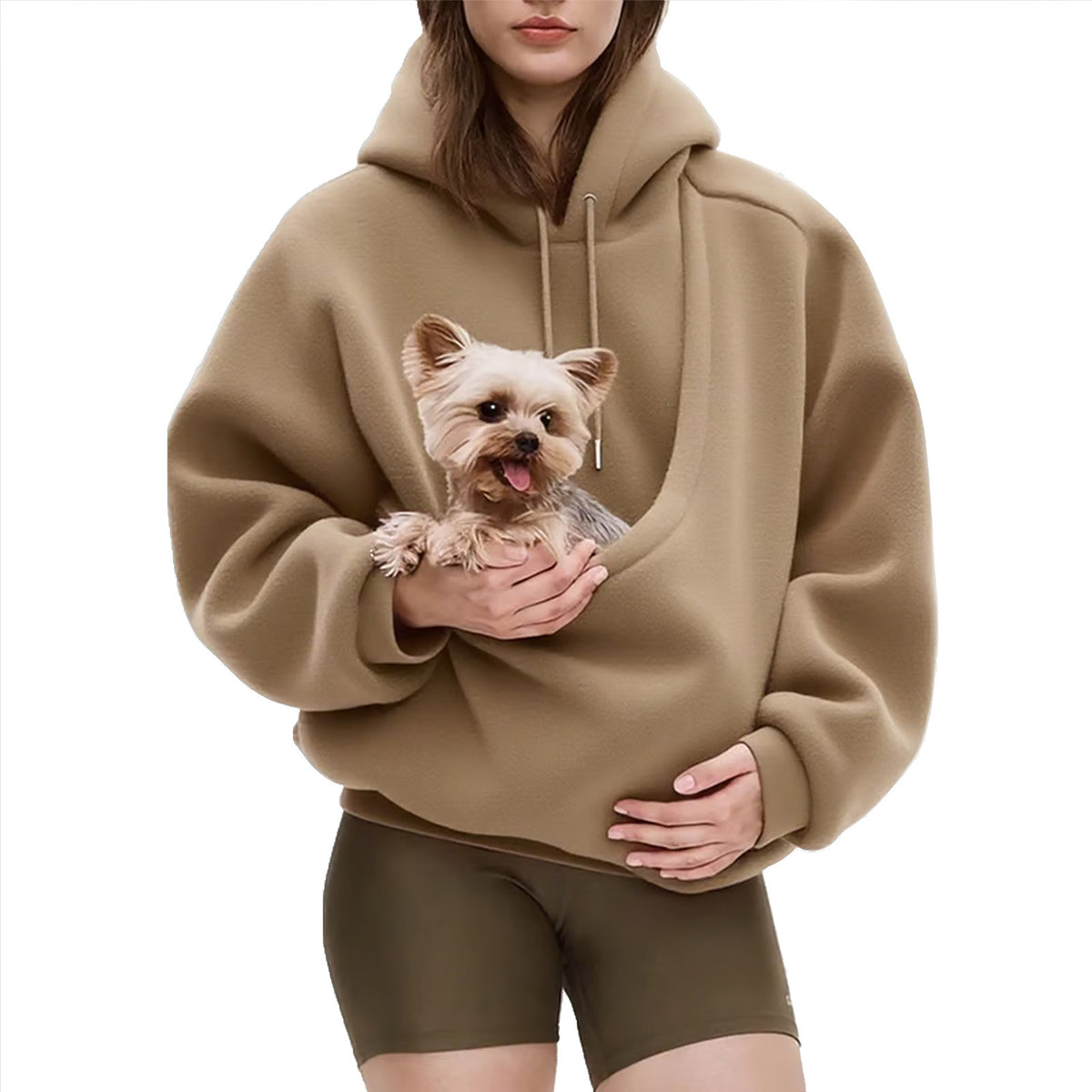 The Heartpouch Hoodie in Khaki with a small dog in the front pouch