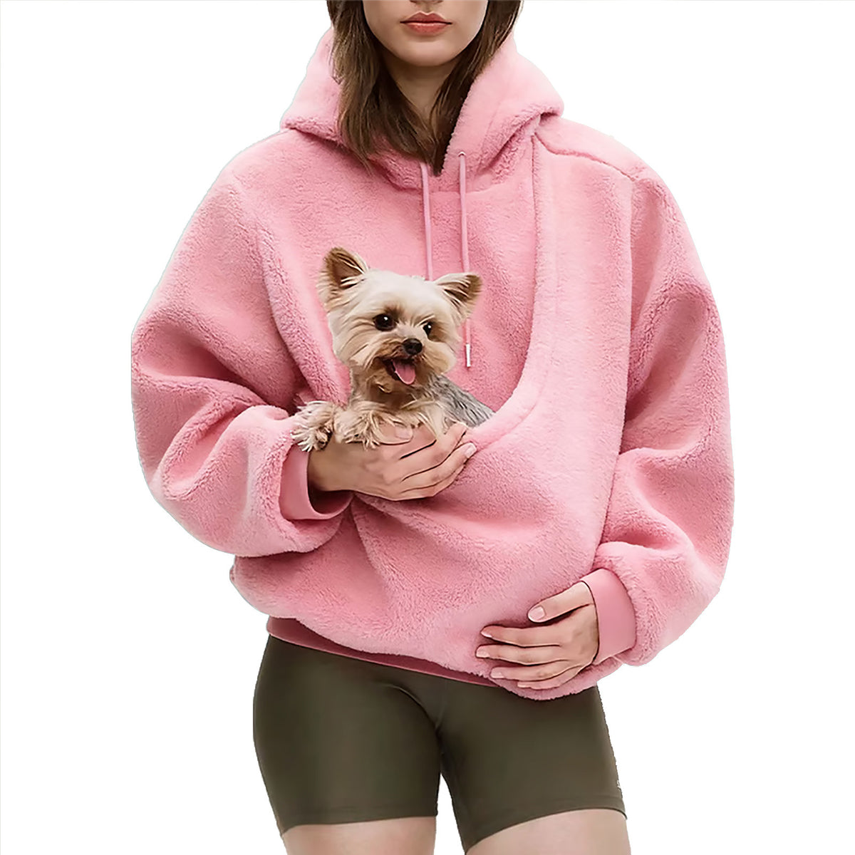 The Heartpouch Hoodie in Pink with a small dog in the front pouch