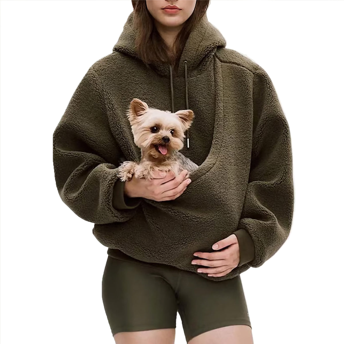 The Heartpouch Hoodie in Brown with a small dog in the front pouch
